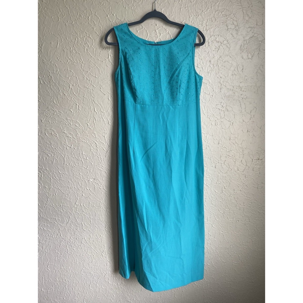 Sag Harbor Midi Blue Teal Embroidered Long Dress Womens 10 Church Modest Classic